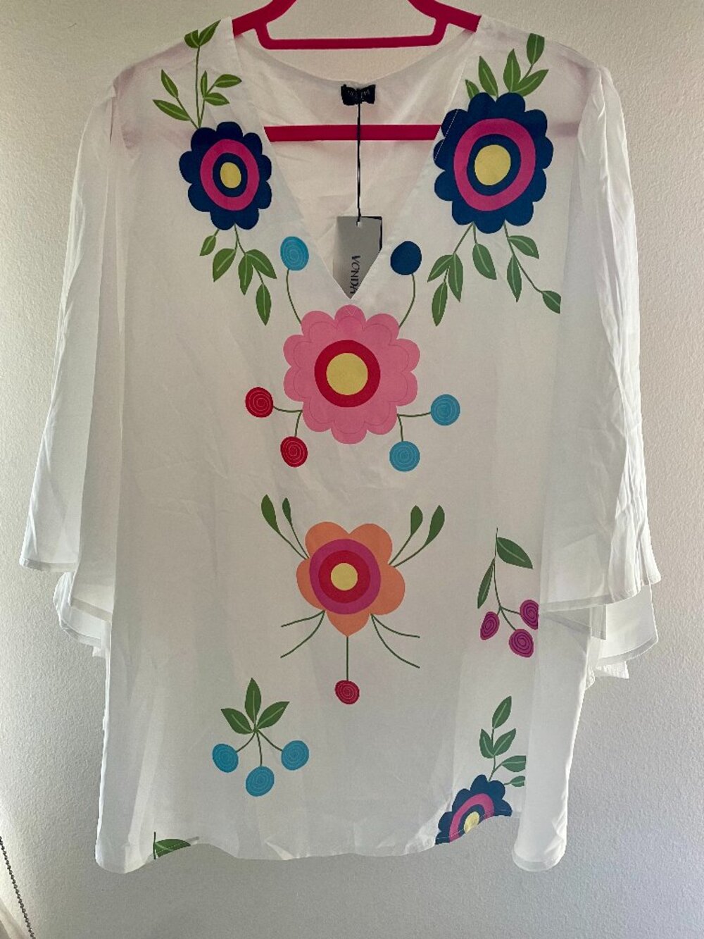 Plus Size 5X White Floral Print Flare Half Sleeve V-Neck Top New Fits like 3X**